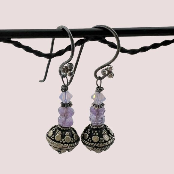 Hand Crafted Jewelry - Purple Beaded Drop Earrings on Oxidized Sterling Silver Wires